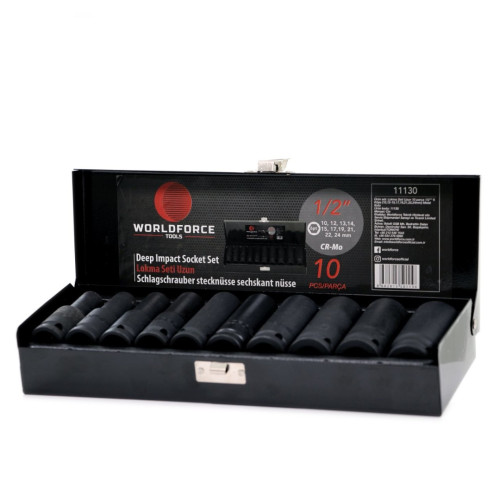 Lokma Seti Uzun 10 parça 1/2'' 6 Köşe (10,12- 15, 17, 19, 21, 22, 24mm) Metal Kutu